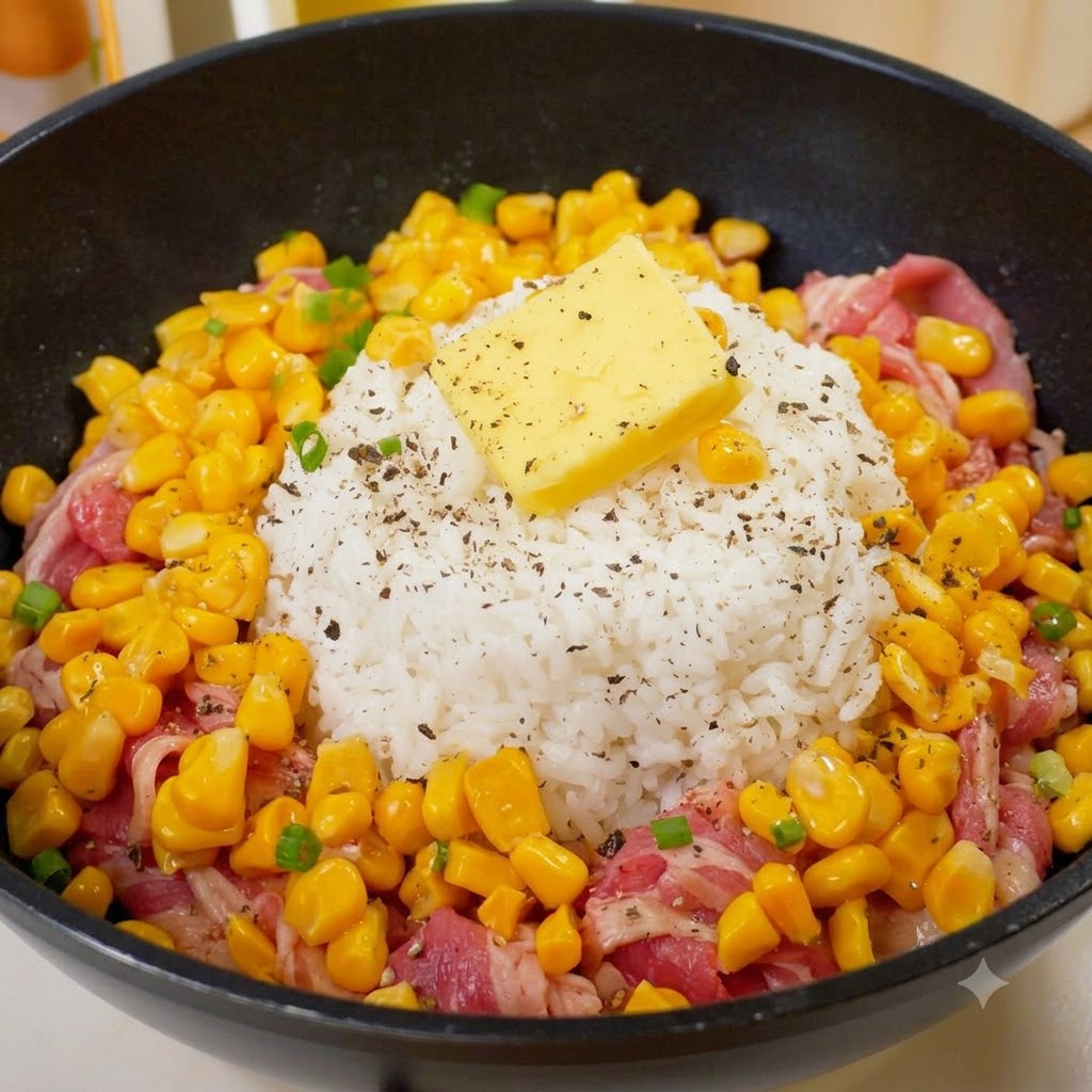 Oignons verts ciselés parsemés sur le sommet du monticule de riz, le beurre et les tranches de bœuf cru dans la poêle.