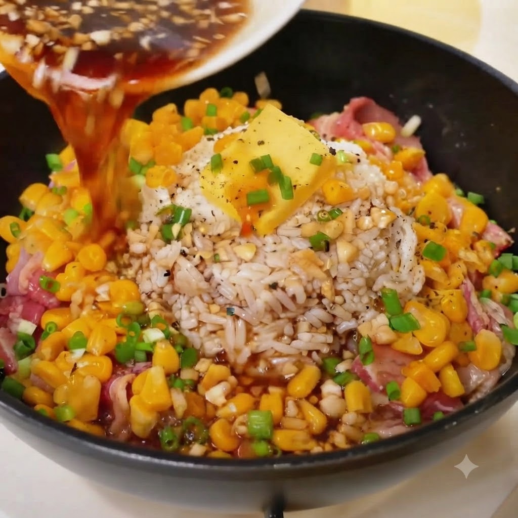 Sauce brune versée dun plat blanc sur le riz, le beurre, le maïs et le bœuf dans la poêle noire.
