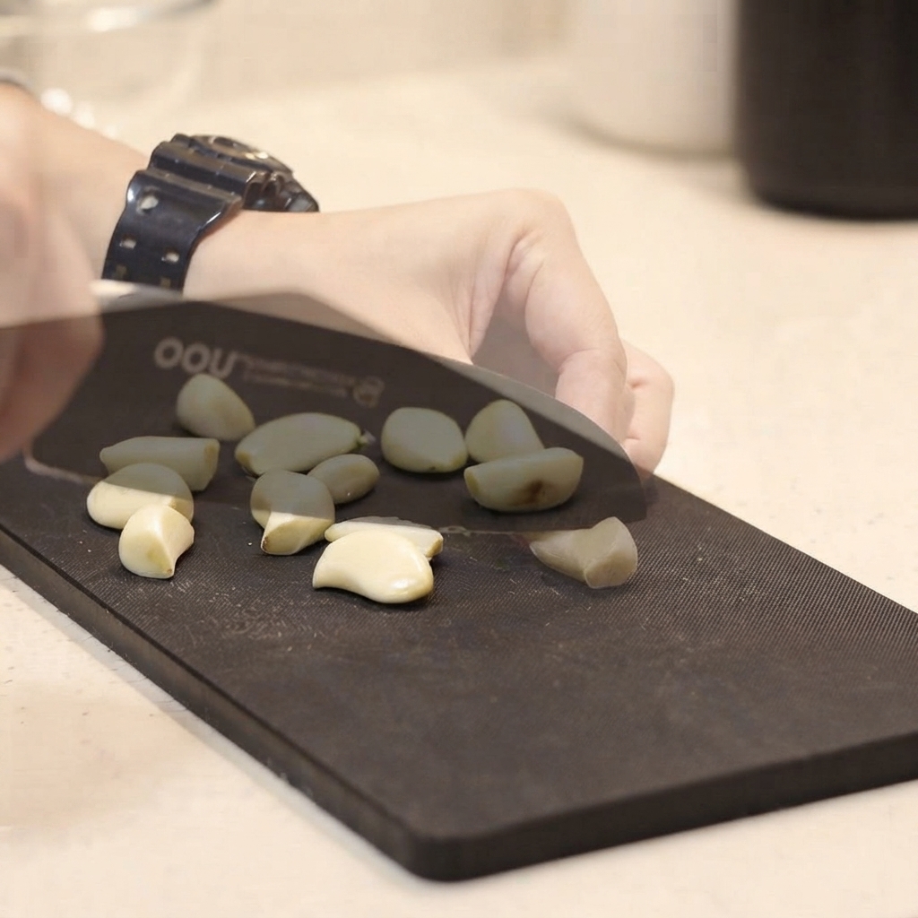 Une personne utilisant un couteau de cuisine pour couper des gousses dail épluchées en deux sur une planche à découper noire.