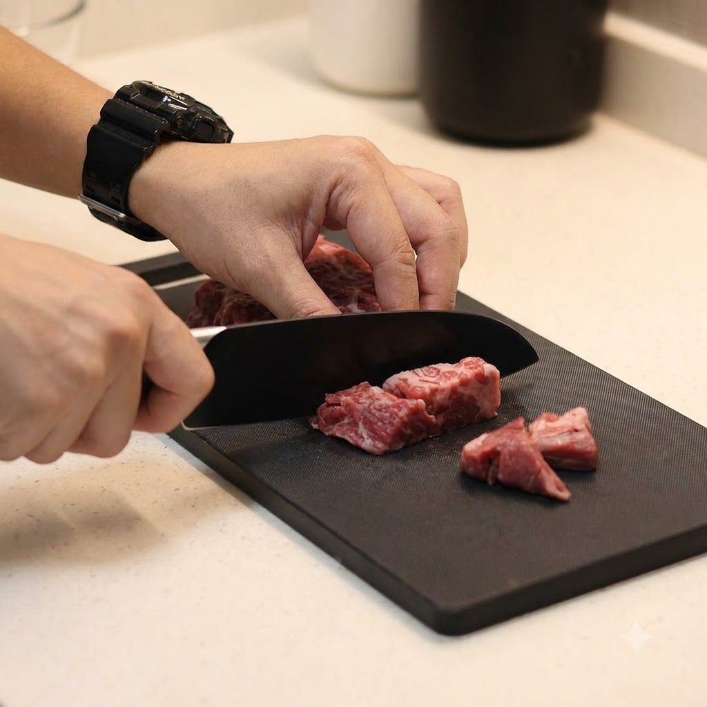 Des mains utilisant un grand couteau pour trancher un morceau de steak cru en petits cubes sur une planche à découper noire.