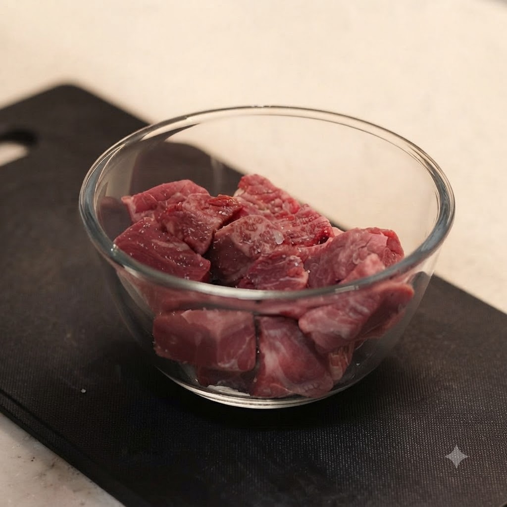 Dés de bœuf crus dans un petit bol en verre, visiblement assaisonnés de sel marin grossier.