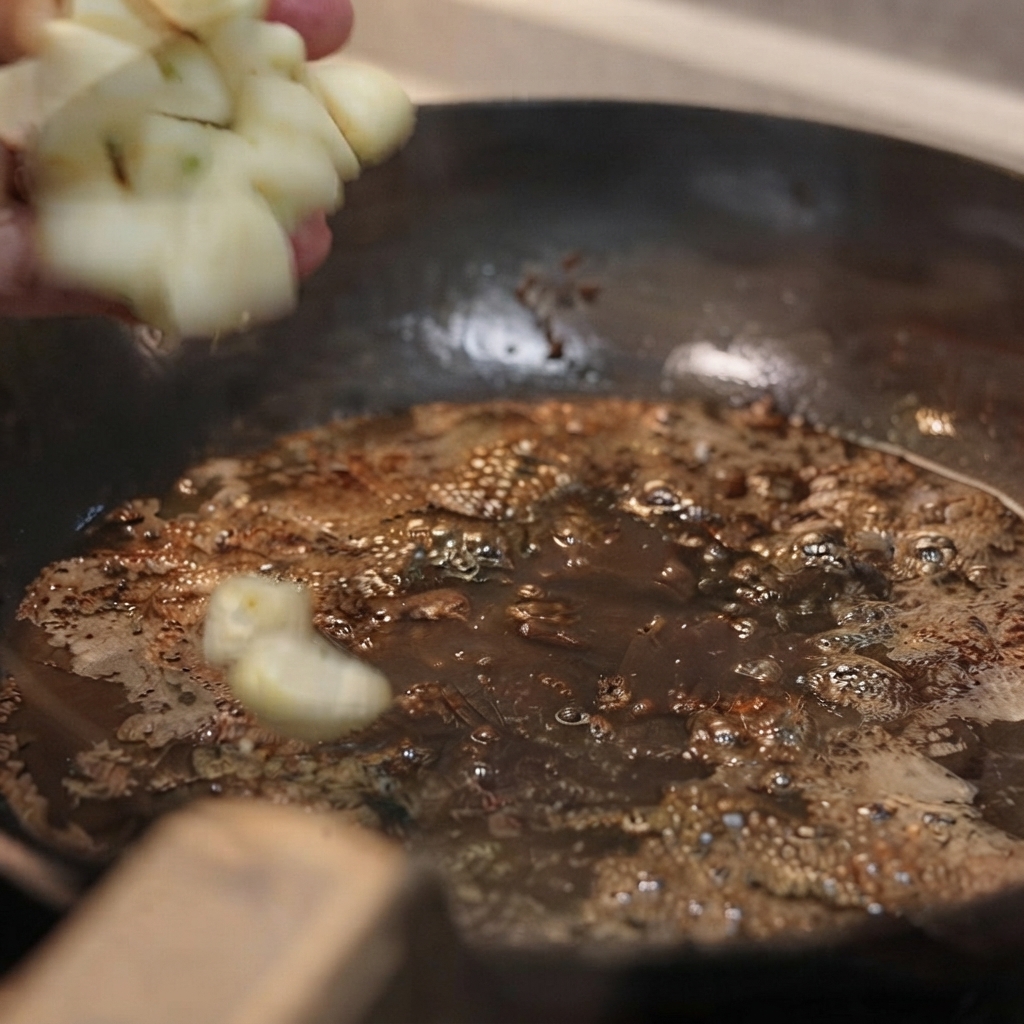 Gousses dail en train dêtre sautées dans une poêle chaude avec le beurre et les sucs restants.