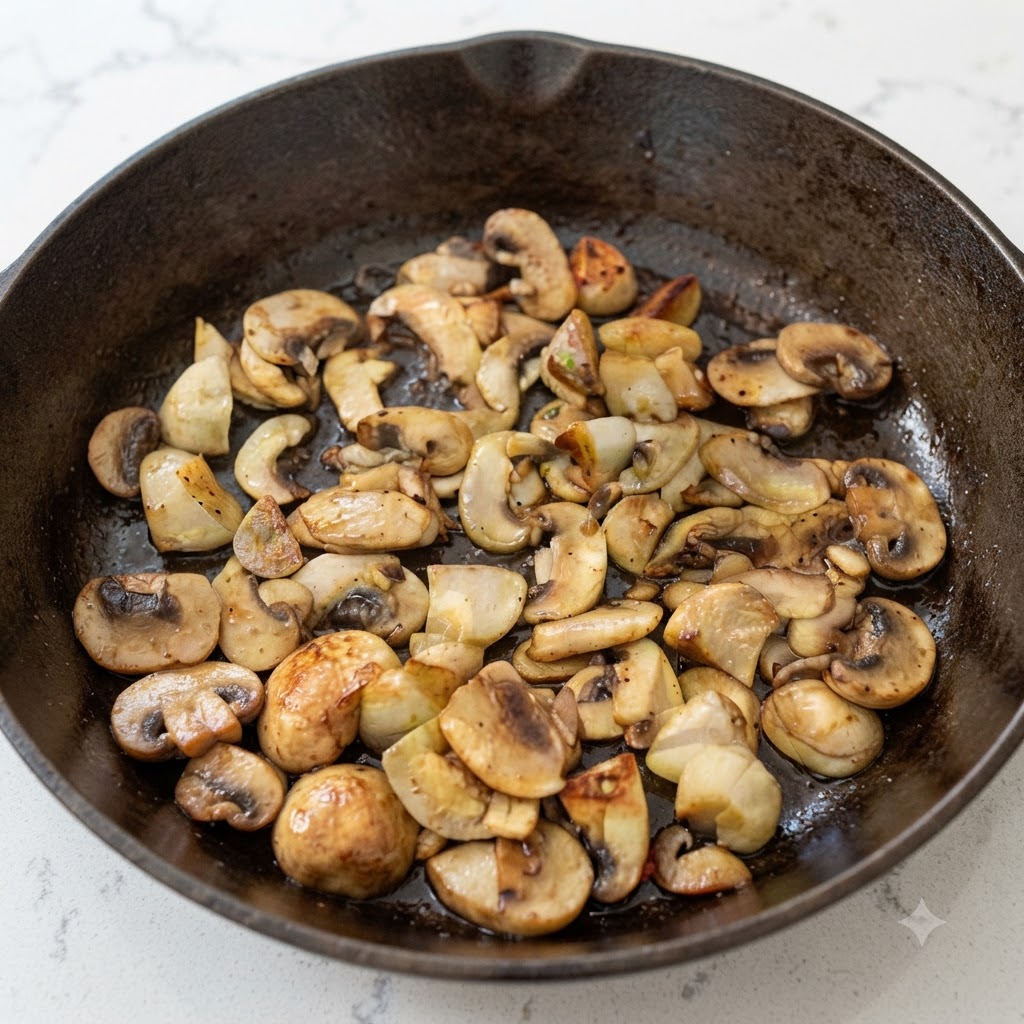 Cubes de bœuf en dés mélangés à des champignons sautés et à de lail grésillant ensemble dans une poêle en fonte.