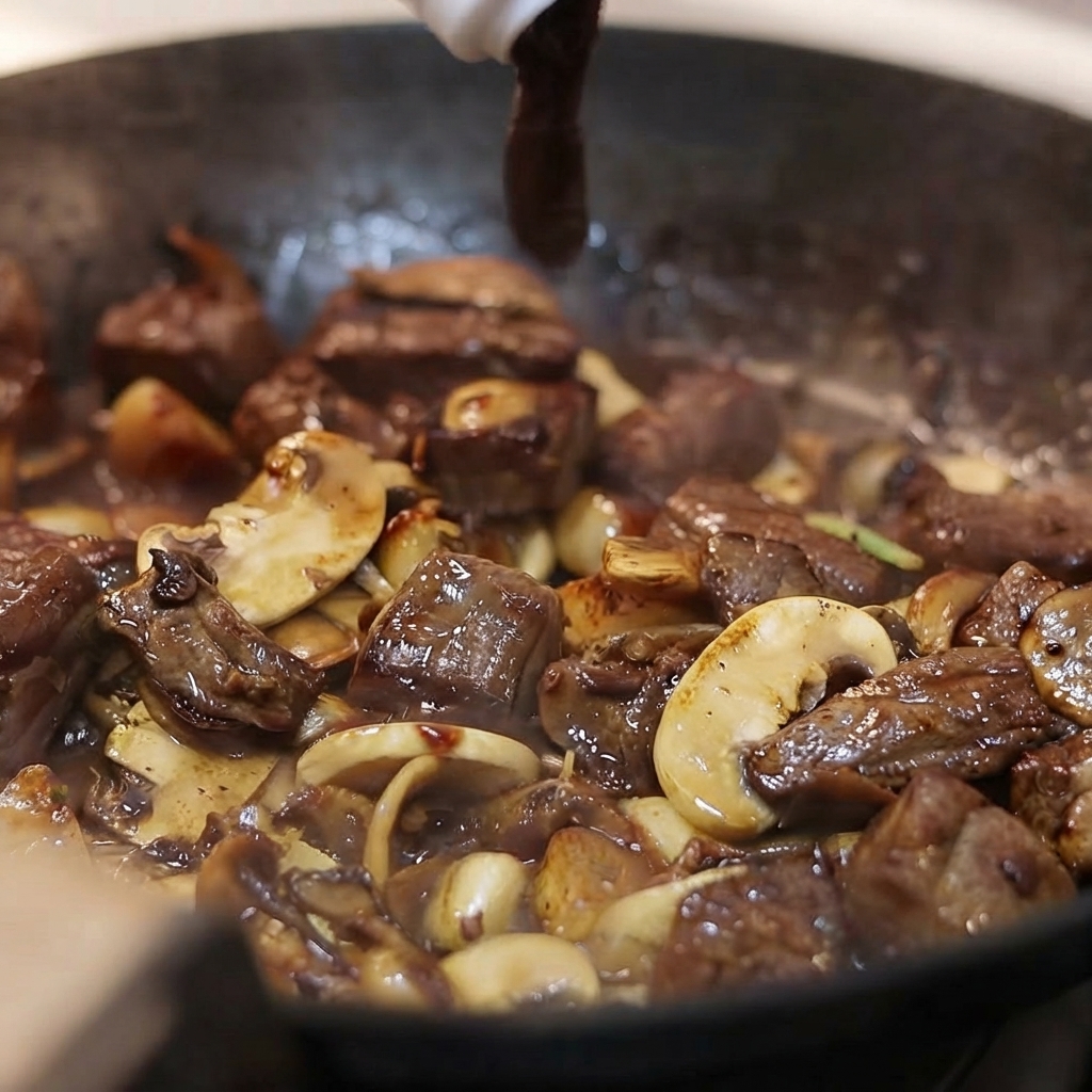 Sauce au poivre noir foncée versée dune bouteille dans une poêle remplie de bœuf, de champignons et dail sautés.
