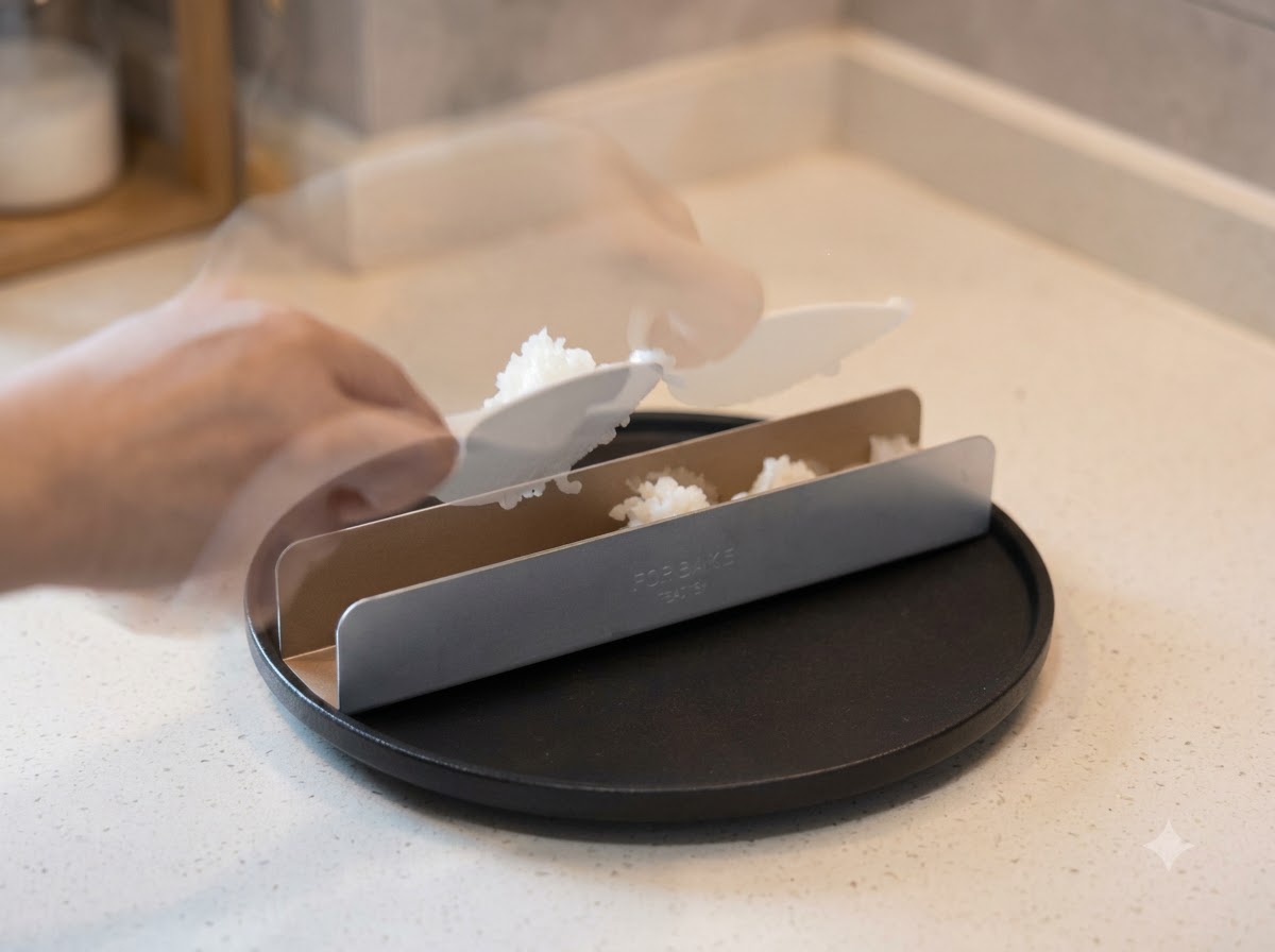 Du riz blanc pressé dans un moule de mise en forme en métal placé sur une assiette de service noire.
