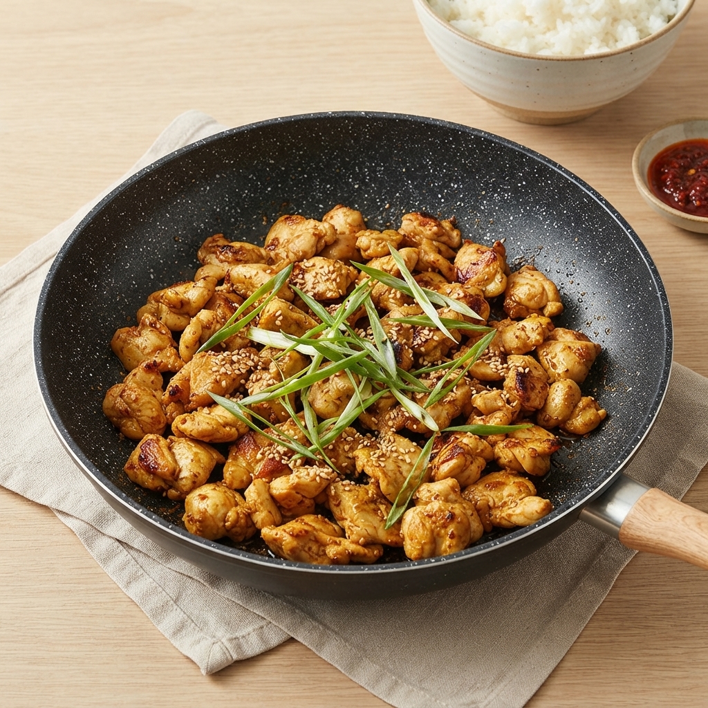 Morceaux de poulet sautés mélangés avec du kimchi dans une poêle antiadhésive foncée garnie doignons verts émincés et de graines de sésame.