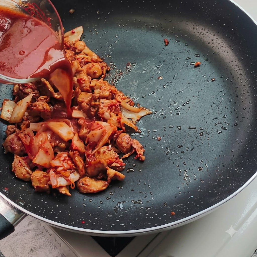 Sauce rouge versée depuis un verre doseur transparent dans une poêle contenant du poulet et du kimchi haché.
