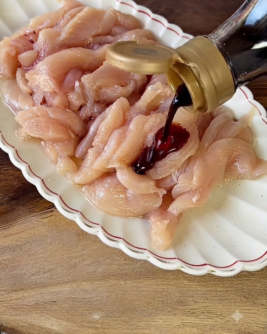 De la sauce soja foncée versée dune bouteille sur des lanières de blanc de poulet cru dans une assiette blanche festonnée.