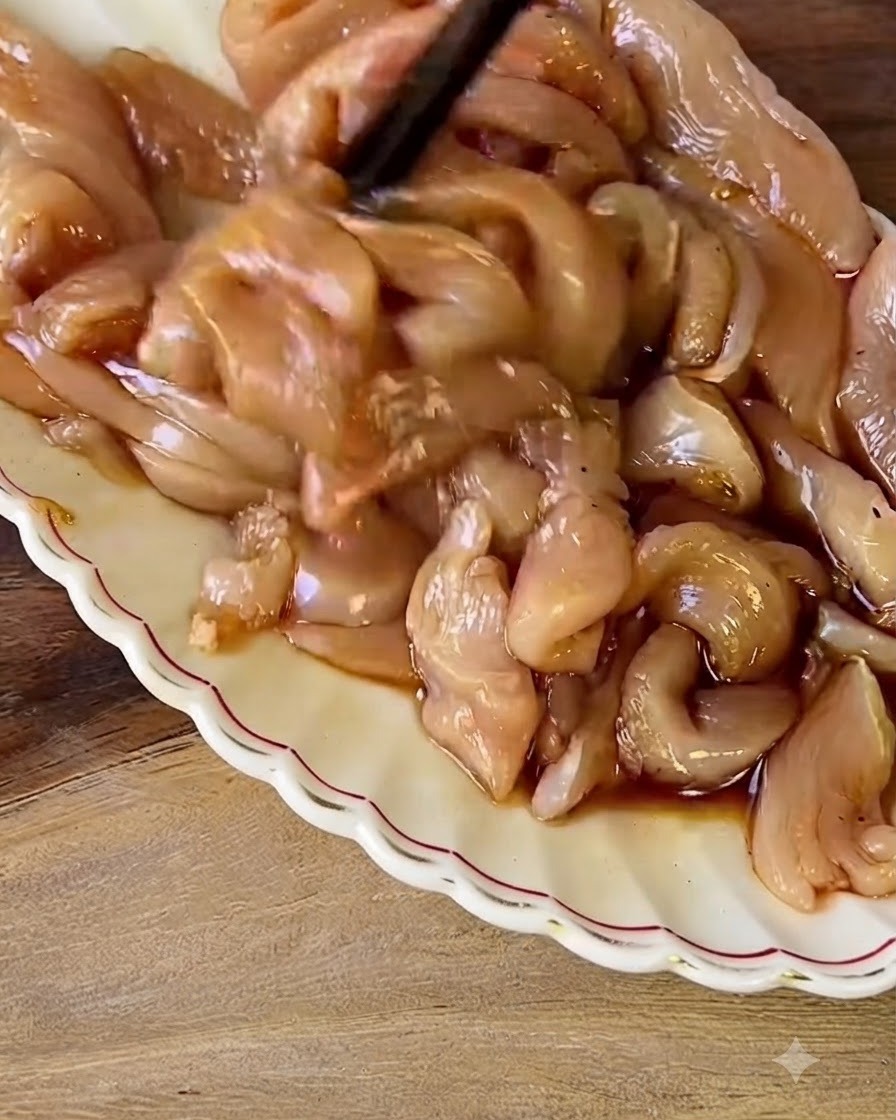 Des baguettes mélangeant des morceaux de poulet cru enrobés de marinade sur une assiette blanche.