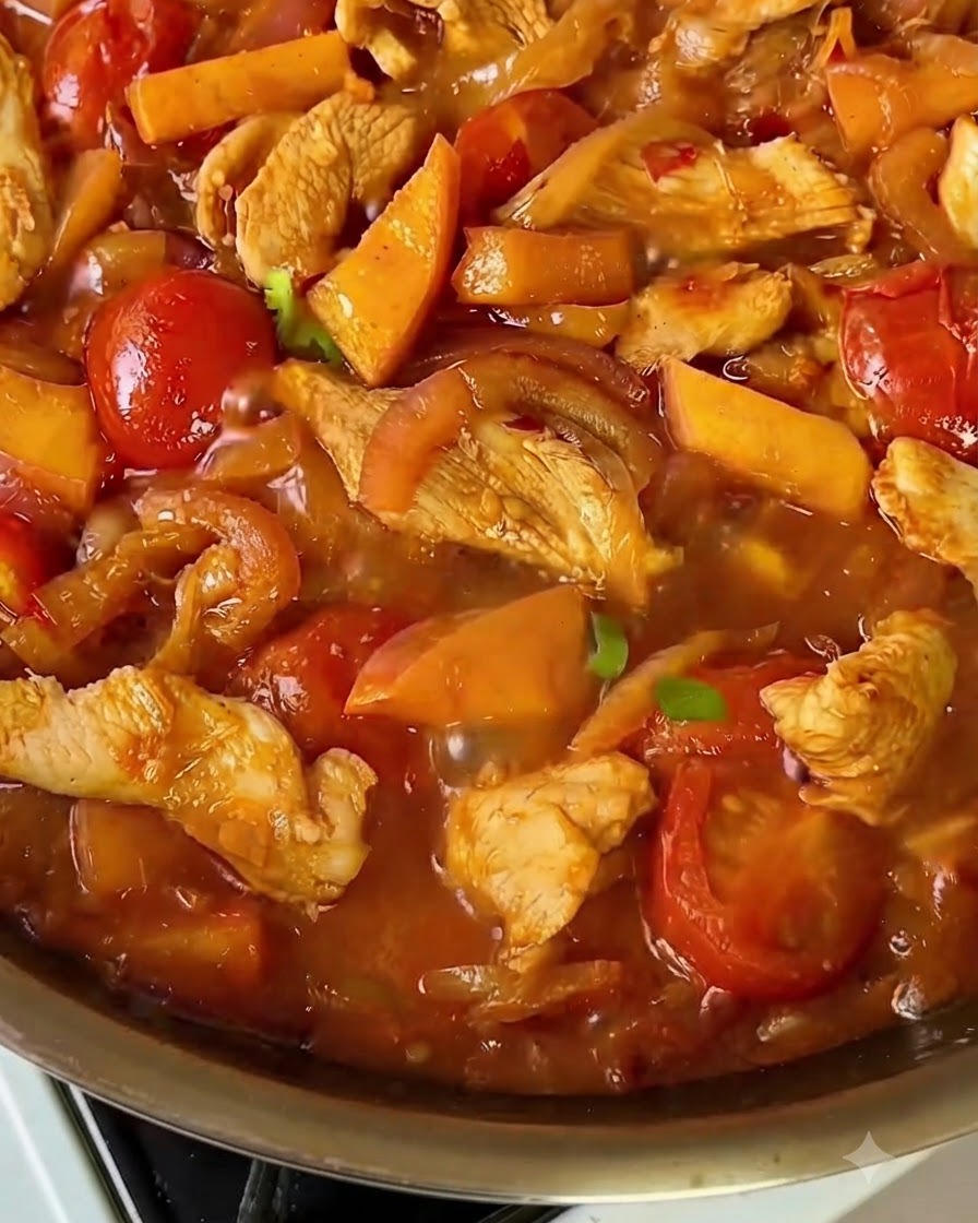 Un plat sauté fraîchement cuit dans une poêle surmonté de morceaux de ciboule vert vif.