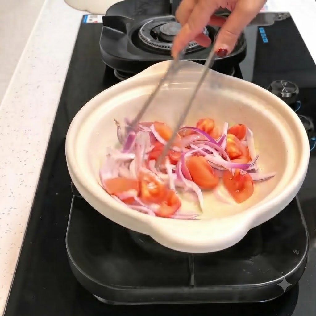 Kimchi et tranches de bœuf cru mélangés avec des oignons et des tomates à lintérieur dune cocotte à laide de pinces.