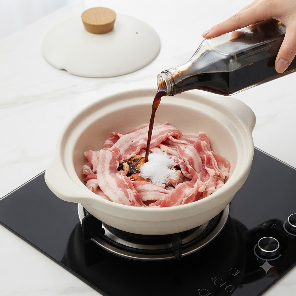 Sauce soja versée dune bouteille dans une cocotte contenant du bœuf cru, du sucre et des assaisonnements.