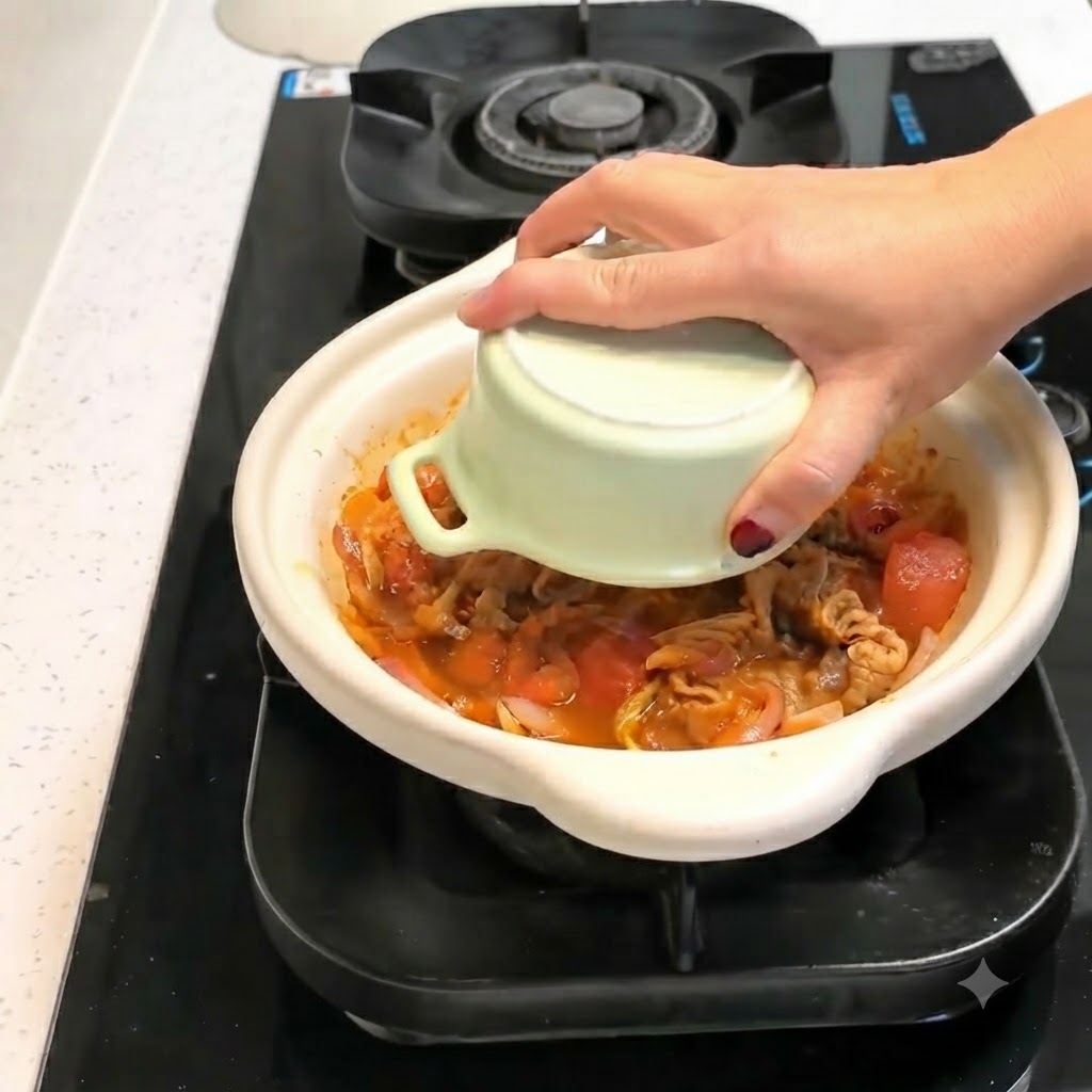 Un bol de riz retourné et placé au centre dune cocotte remplie dun mélange savoureux de bœuf et de kimchi.