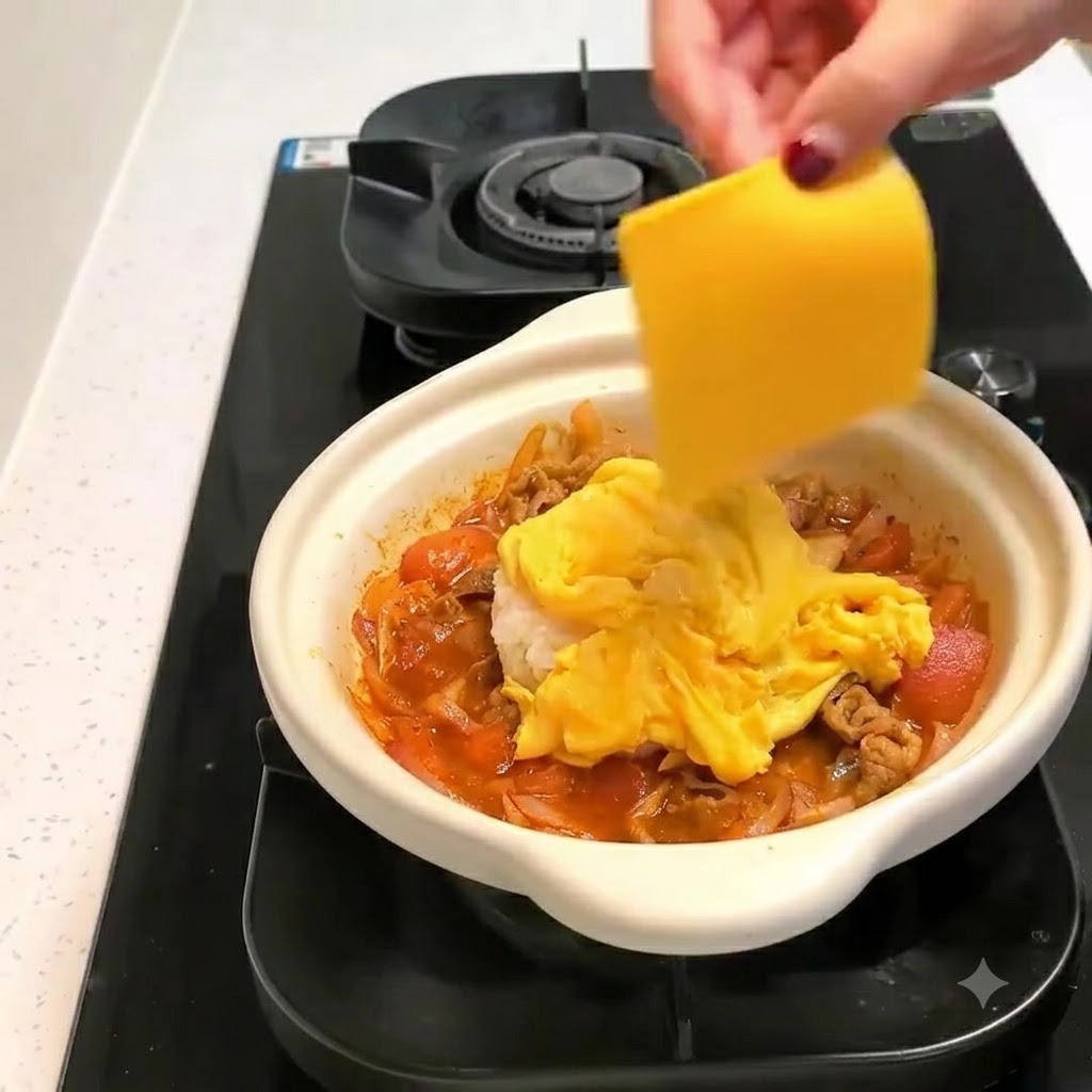 Deux tranches de fromage jaune placées sur les œufs brouillés moelleux dans la cocotte blanche.