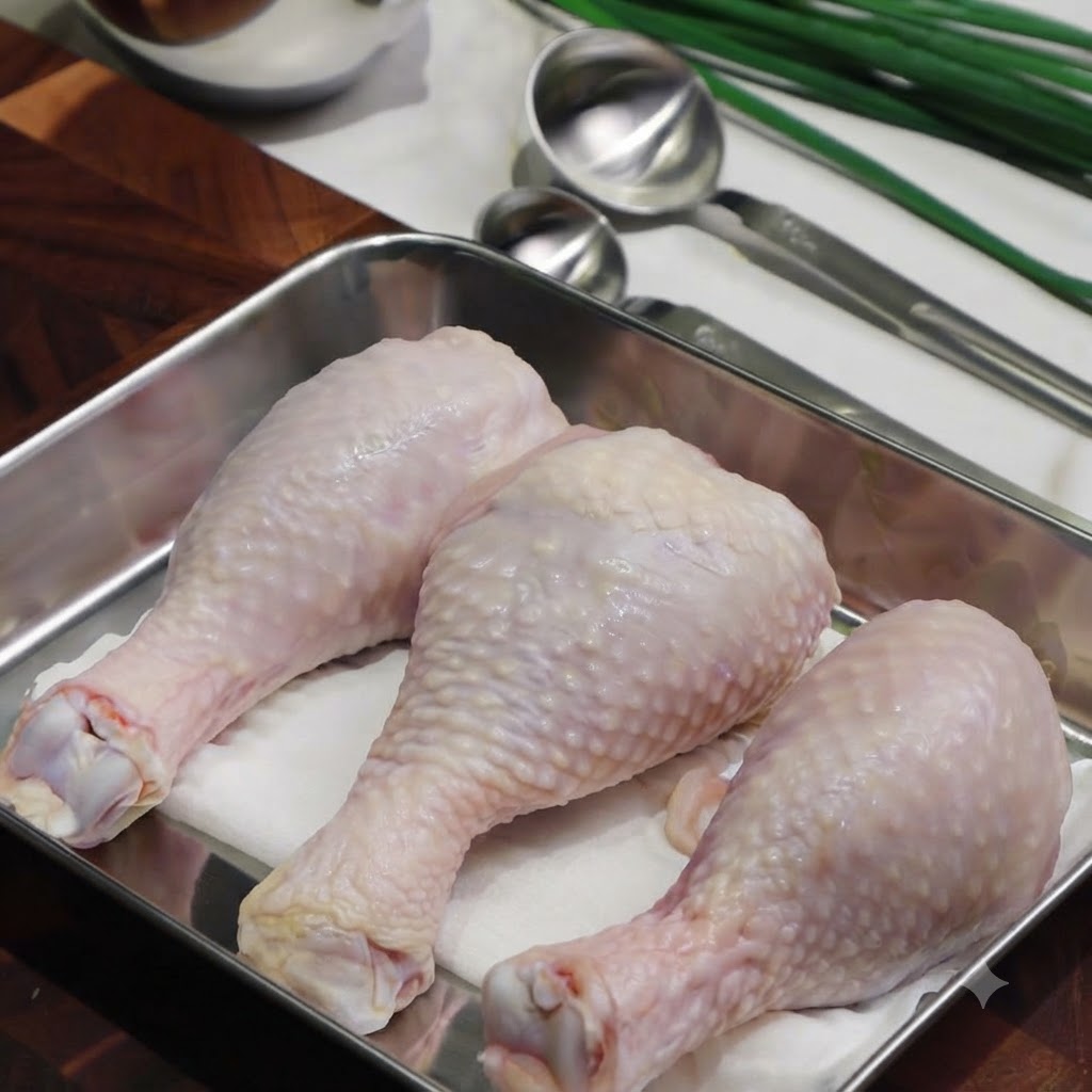 Fraîches cuisses de poulet reposant sur un plateau en acier inoxydable avec des ustensiles de cuisine à proximité.