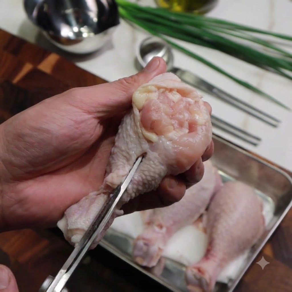 Mains utilisant des ciseaux de cuisine pour couper le long dun os de poulet afin de le retirer.