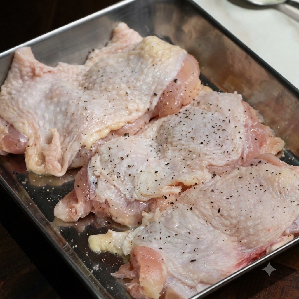 Morceaux de haut de cuisse de poulet désossés et assaisonnés de poivre noir dans un plateau en acier inoxydable.