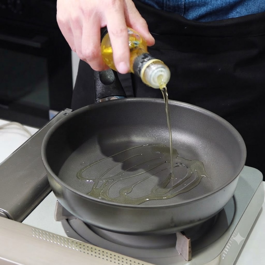 Huile de cuisson versée dans une poêle antiadhésive chaude sur une plaque à induction.