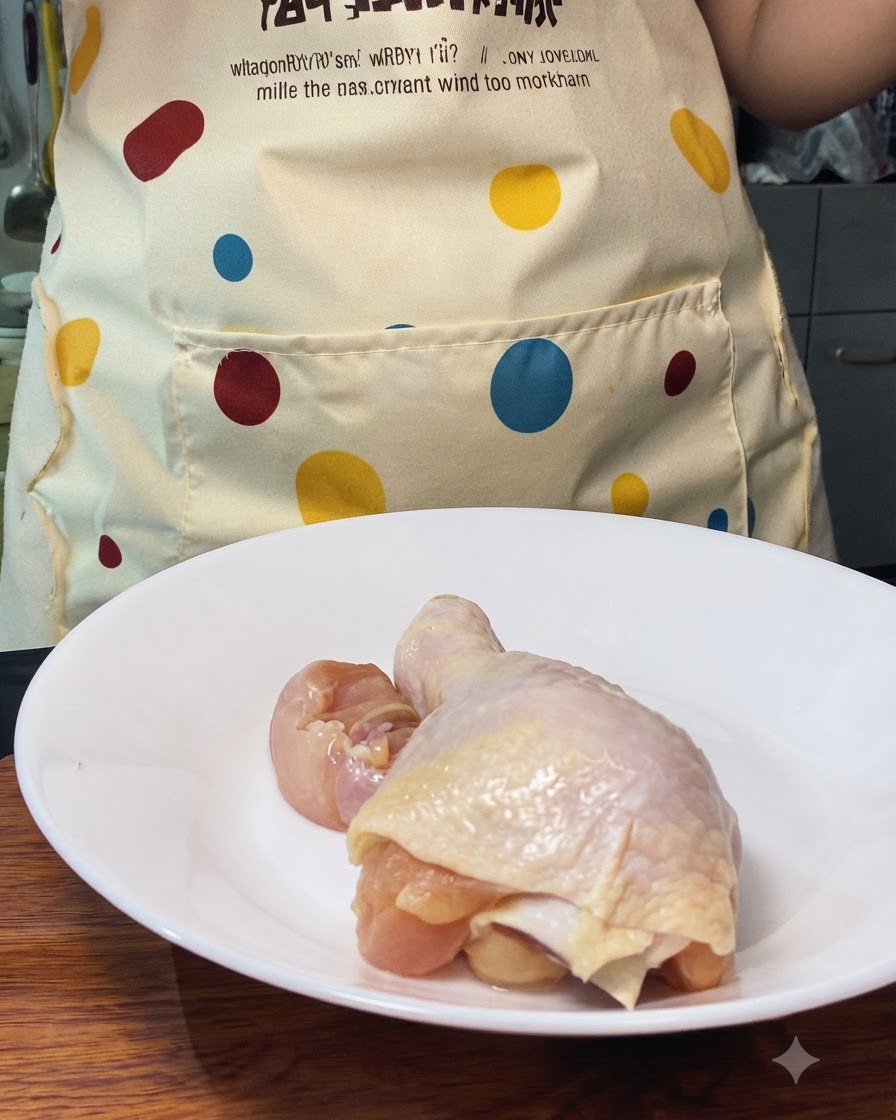 Une cuisse de poulet en cours de découpe en gros morceaux sur une assiette blanche.