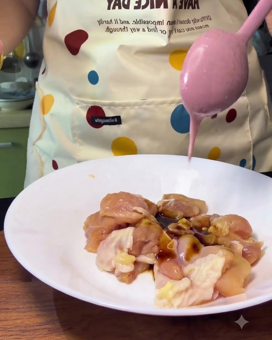 Des morceaux de poulet dans un bol recevant de la sauce à laide dune cuillère rose.