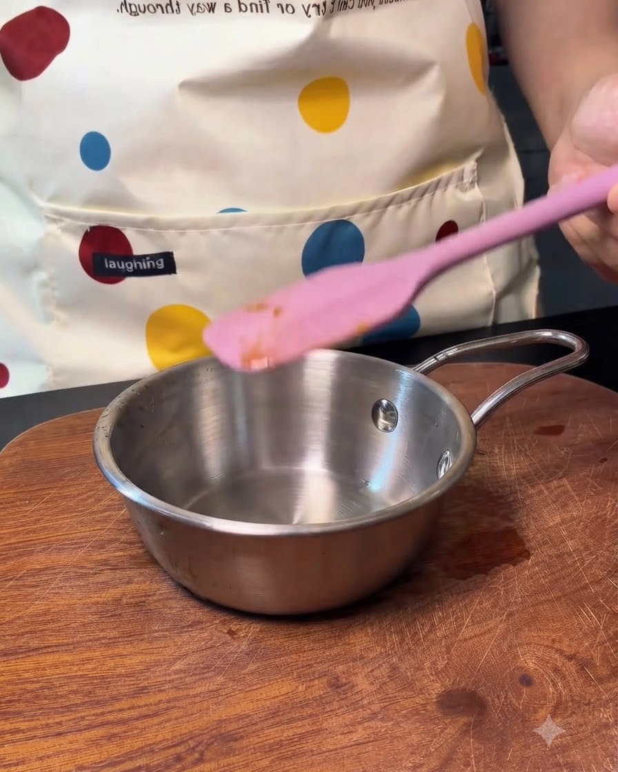 Un petit pot métallique vide avec une spatule en silicone rose posée à côté.