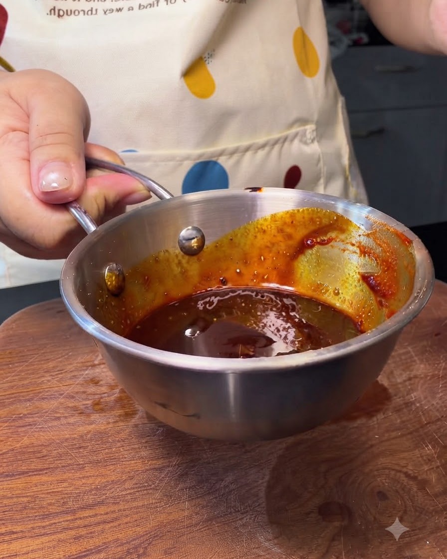 Un petit bol en métal rempli dun mélange riche et rouge foncé de sauce au piment coréen.
