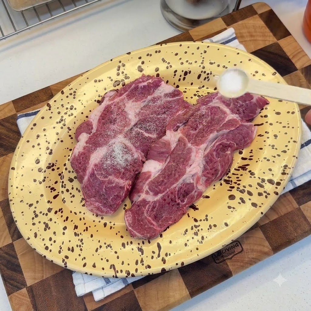 Côtelettes de porc crues sur une assiette jaune mouchetée assaisonnées de sel et de poivre.