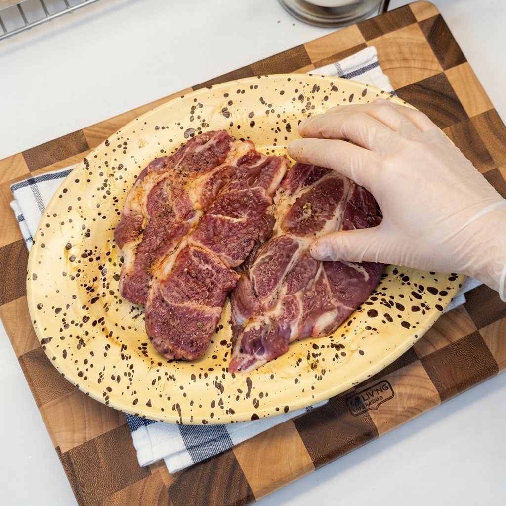 Main gantée massant les assaisonnements et les tranches de gingembre dans des côtelettes de porc crues sur une assiette.