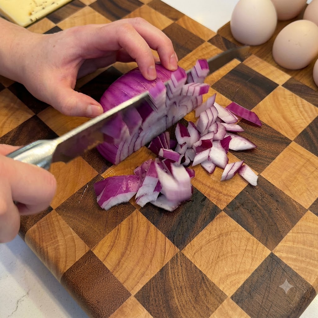 Un oignon rouge coupé en petits morceaux avec un couteau de chef sur une planche à découper en bois.