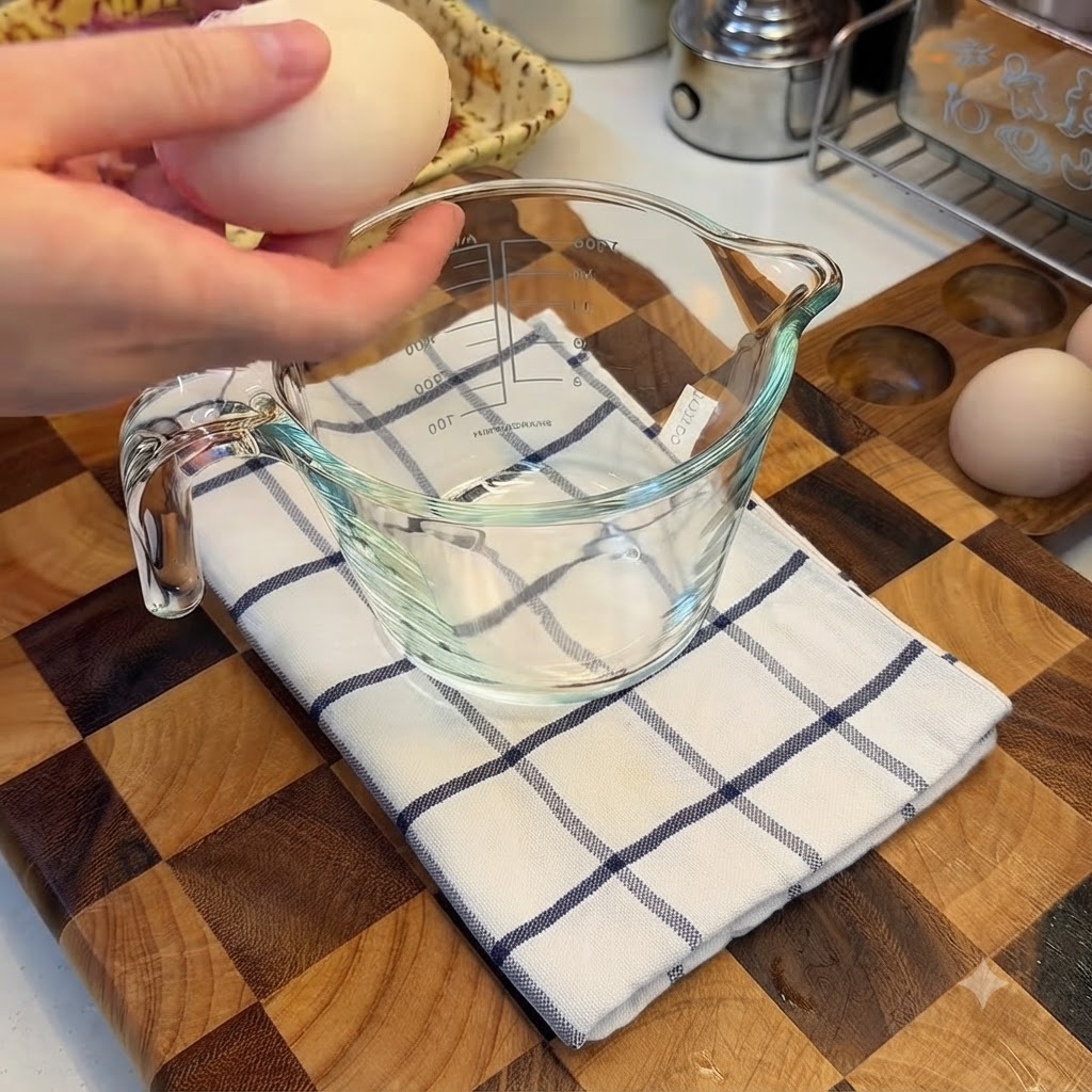 Œufs entiers crus cassés un par un dans une tasse à mesurer en verre transparente posée sur un linge à carreaux.