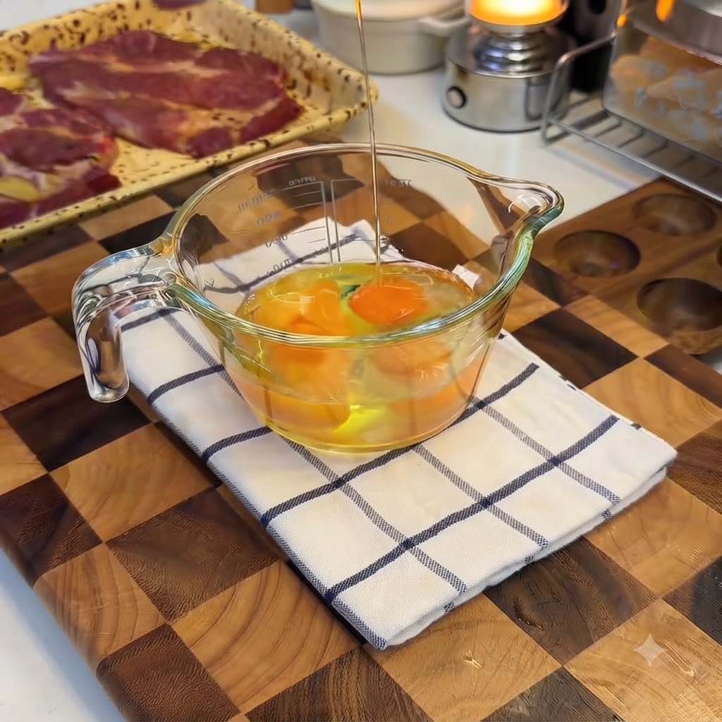 Du lait versé par le dessus dans une tasse à mesurer en verre remplie dœufs crus.