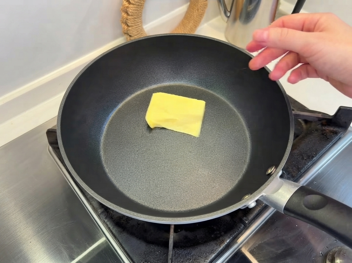 Un carré de beurre jaune en train de fondre au centre dune poêle antiadhésive noire sur une cuisinière.