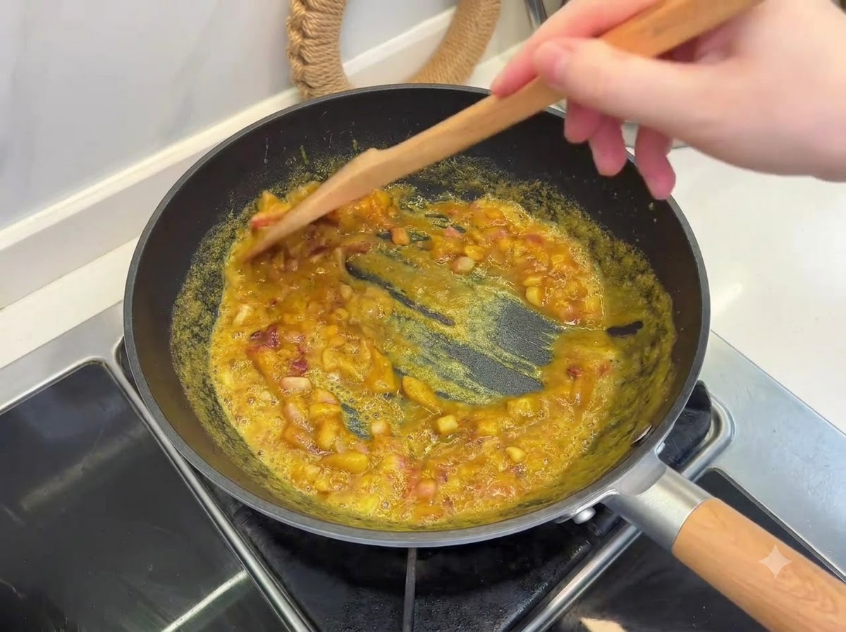 Une spatule en bois remuant des blocs de roux de curry en train de fondre avec des oignons dans une poêle.