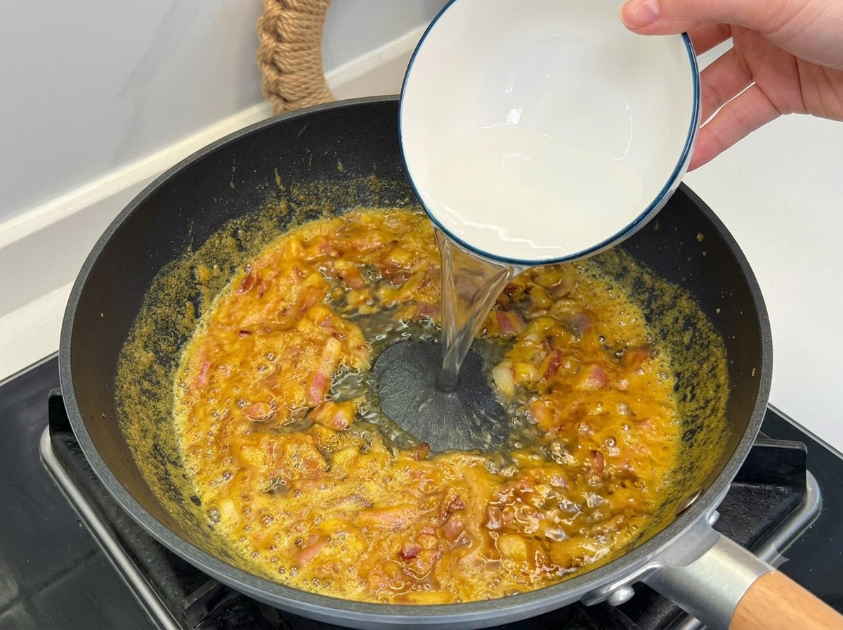 De leau claire versée dun petit bol blanc dans la poêle de curry mijotant.