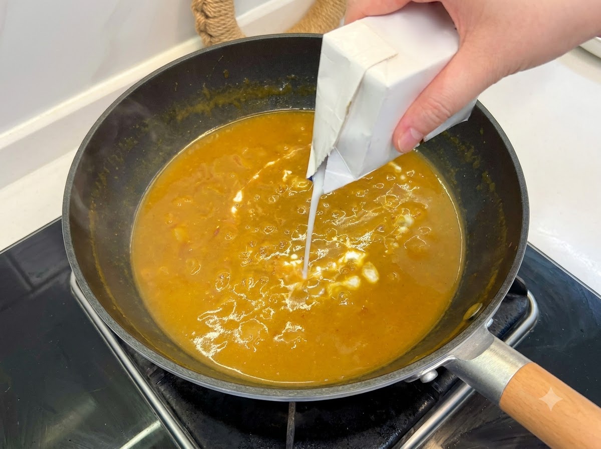 Du lait de coco blanc versé dune brique dans une sauce curry brune bouillonnante.