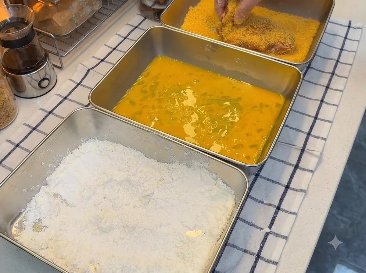 Chapelure orange pressée fermement sur une côtelette de porc à côté de plateaux de farine et de dorure à lœuf.