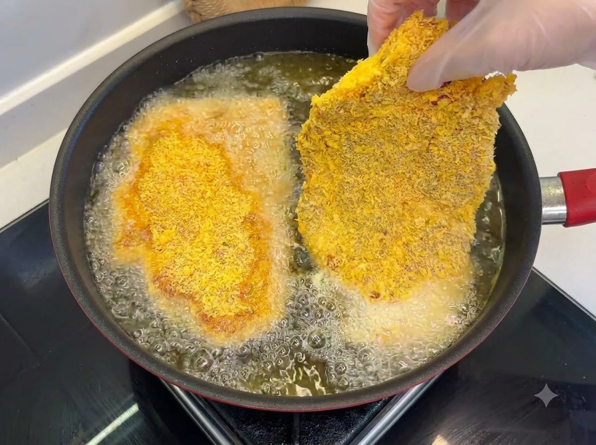 Côtelettes de porc panées en train de frire dans une poêle dhuile chaude bouillonnante avec une surface dorée.