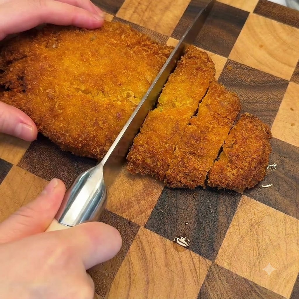 Un couteau coupant une côtelette de porc cuite dorée et croustillante en morceaux épais sur une planche à découper.
