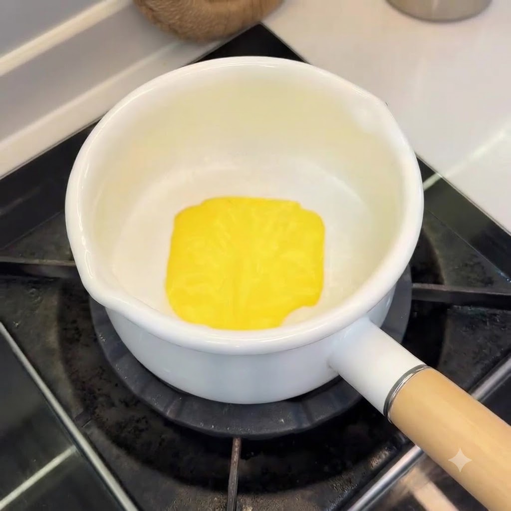 Une tranche carrée de fromage jaune en train de fondre dans du lait de coco blanc dans une petite casserole.