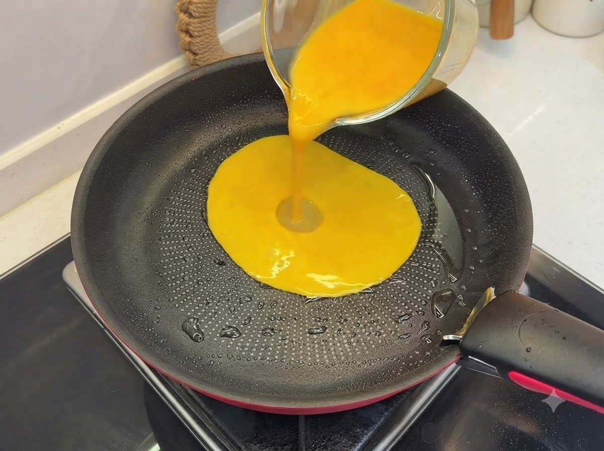 Œuf battu versé et cuit dans une poêle légèrement huilée, formant une forme souple.