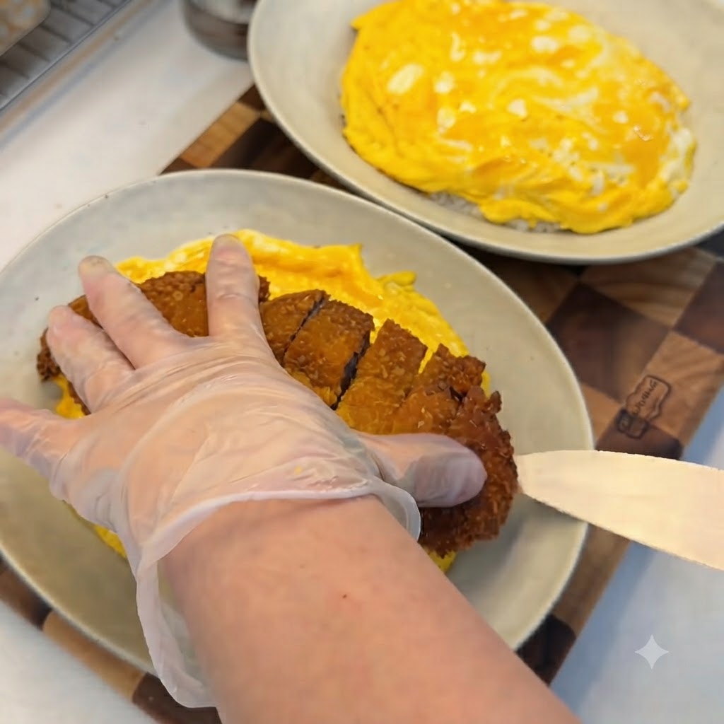 Main gantée plaçant une côtelette de porc tranchée et dorée sur un lit de riz recouvert dune omelette jaune vif.