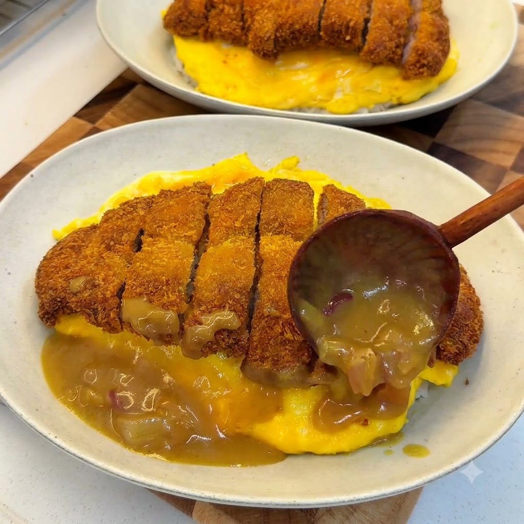 Une louche en bois versant une sauce curry brune épaisse avec des oignons autour dune assiette de riz enveloppé dœufs surmonté dune côtelette de porc tranchée et croustillante.