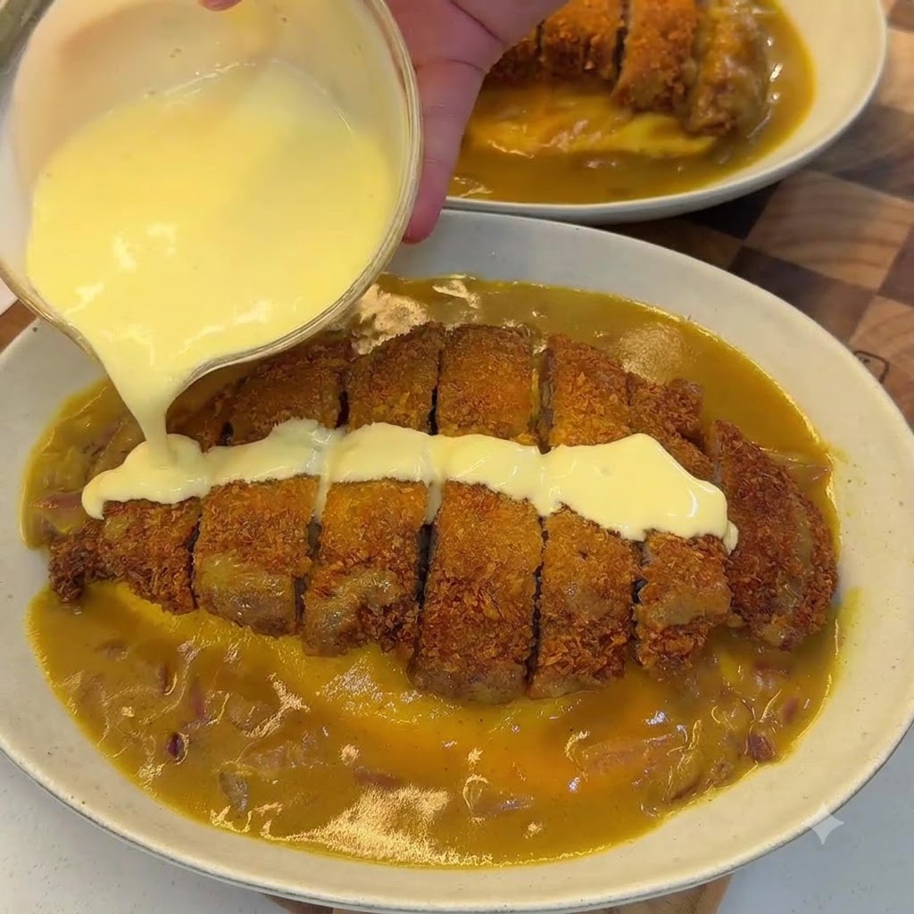 Un bol de riz au curry et côtelette de porc avec une sauce crémeuse au fromage de coco versée par-dessus.