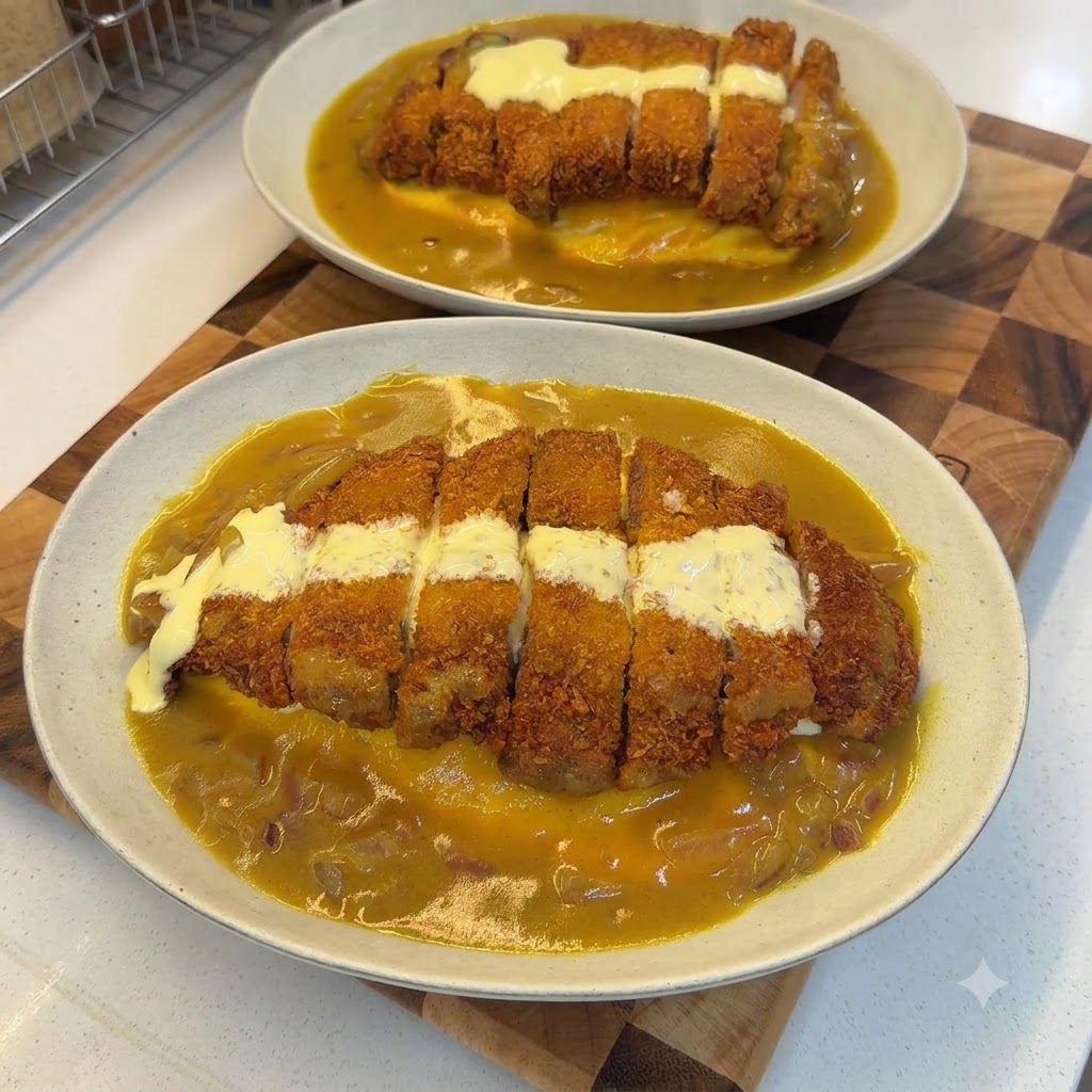 Deux bols de riz au curry et côtelette de porc terminés et garnis de flocons de persil vert.