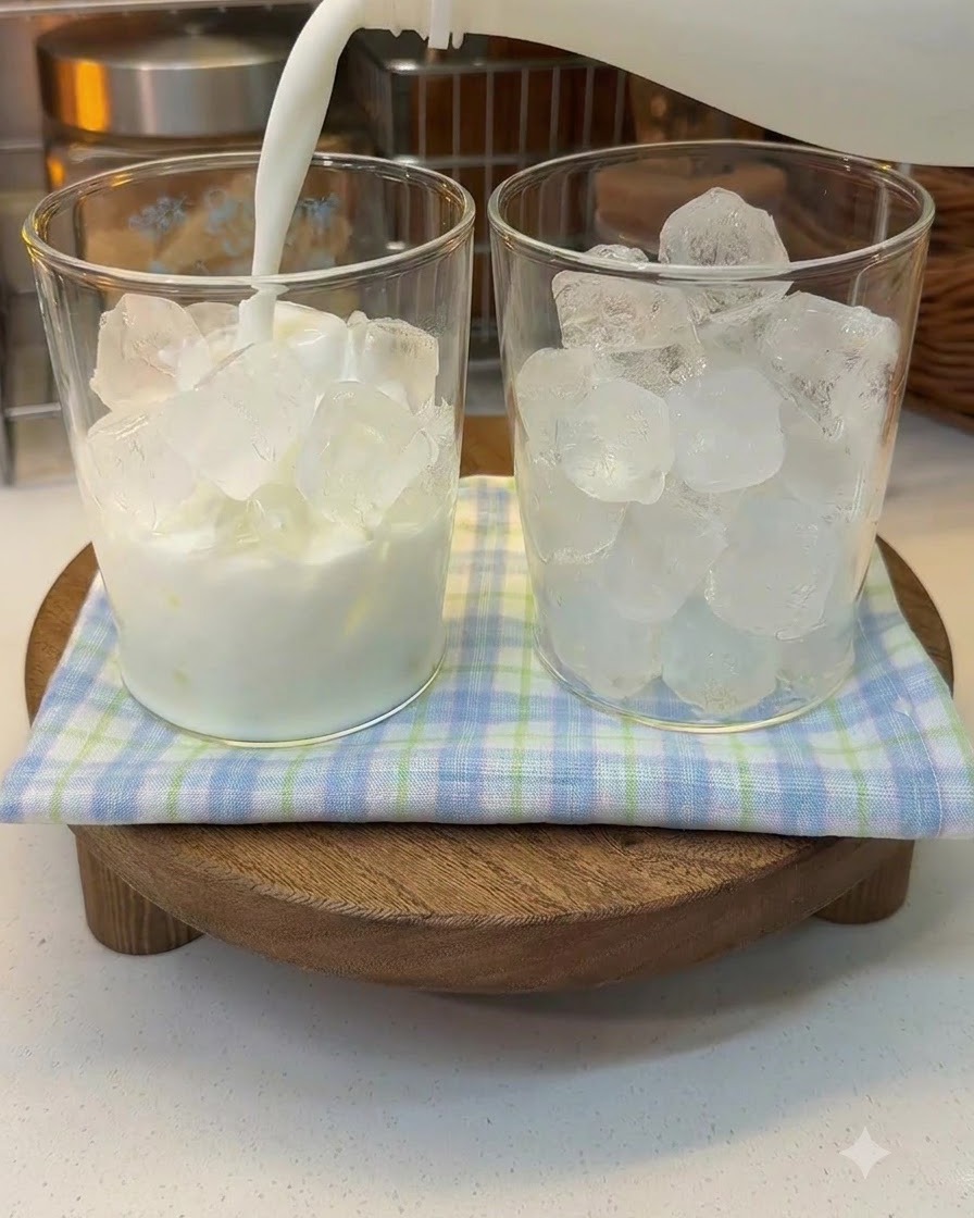 Du lait frais versé dune brique dans un verre rempli de glaçons, assis à côté dun autre verre identique.