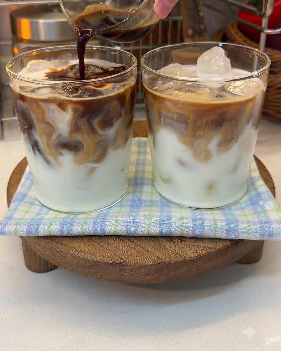Un shot despresso foncé versé dans un verre de lait et de yaourt sur des glaçons.