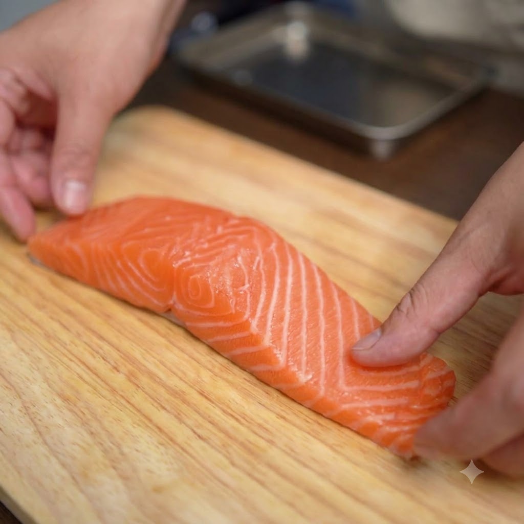 Une paire de mains utilisant un couteau de chef pour retirer la peau dun filet de saumon frais sur une planche en bois.
