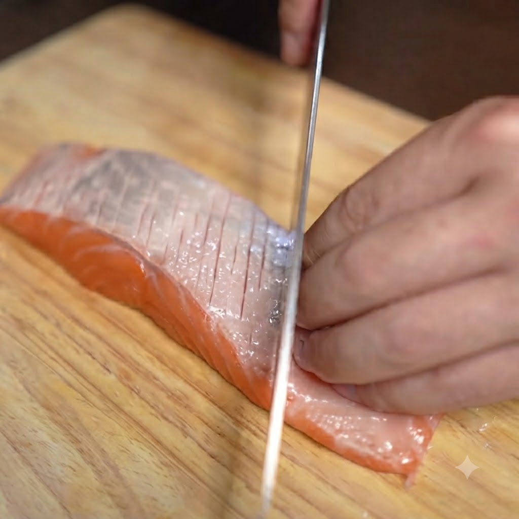 Un couteau de cuisine pratiquant des incisions diagonales précises sur la surface dun filet de saumon.