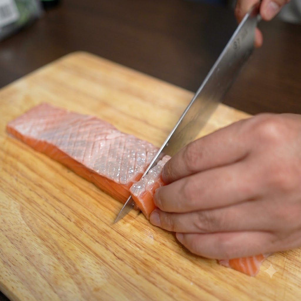 Des baguettes plaçant de fines tranches de saumon cru en disposition circulaire sur du riz à lintérieur dun bol sombre.