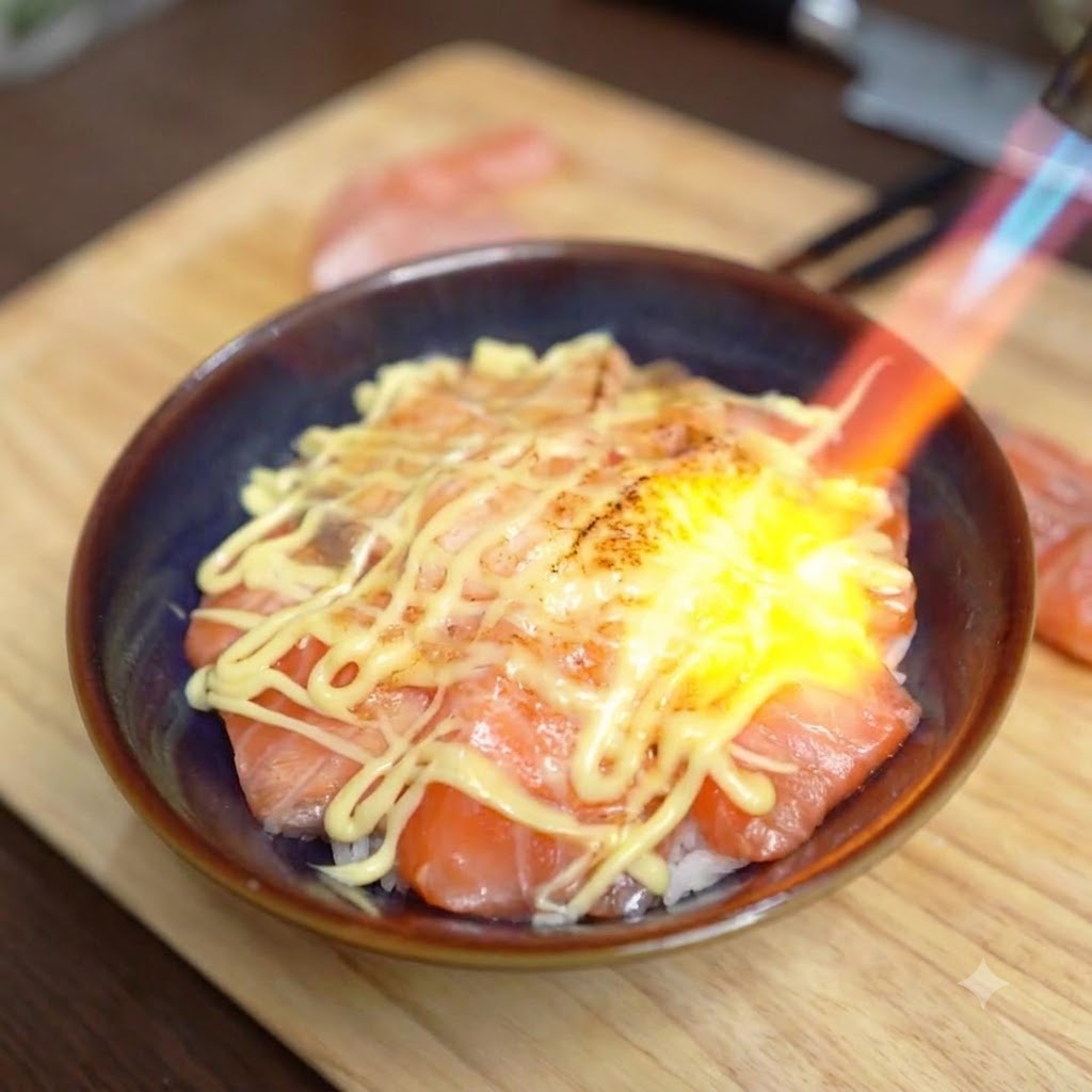 Une flamme bleue et orange provenant dun chalumeau de cuisine caramélisant une garniture de mayonnaise crémeuse sur un bol de saumon.